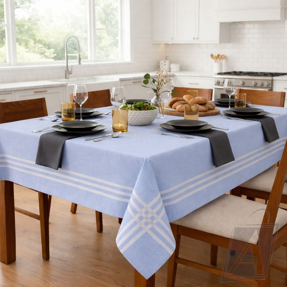 Toalha de Mesa 4 Cadeiras Paris Azul Listrada Algodão