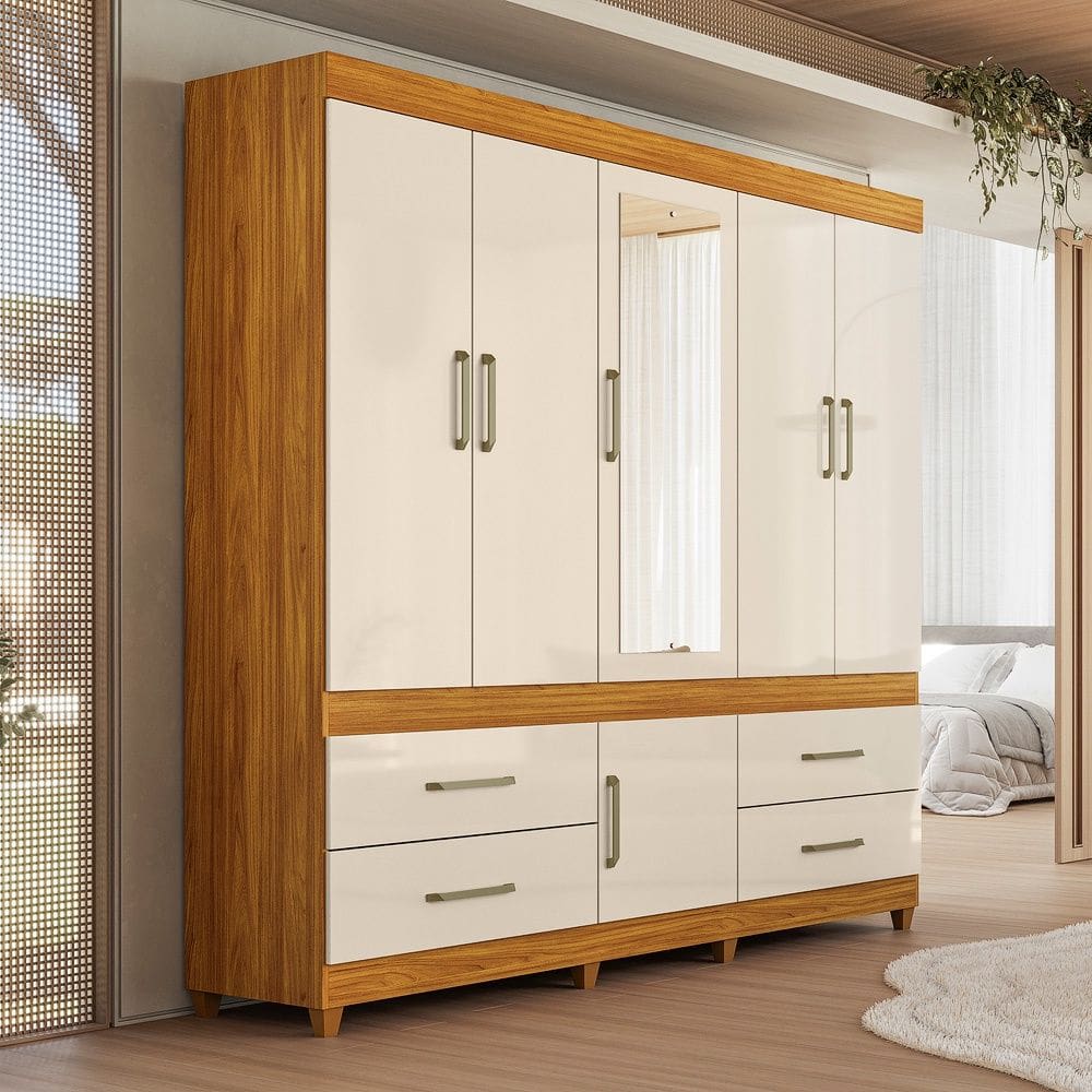 Guarda Roupa Roupeiro Guarujá 6 Portas com Espelho 4 Gavetas Cinamon Touch Off White Demóbile