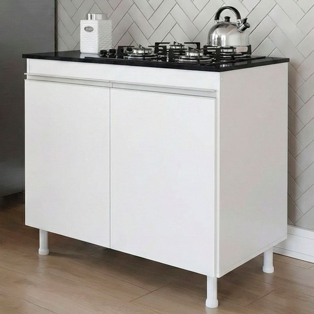 Balcão Gabinete Cozinha Lux 79cm 100% MDF 02 Portas Com Tampo Branco - Abmaza