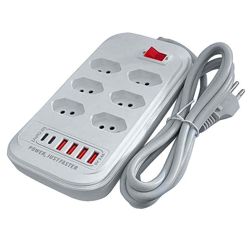 Protetor Eletrônico Filtro De Linha Com Usb 3.4A Carregamento Rapido E Tipo C 6 Tomadas Usb Bivolt Extensão Cabo 2M