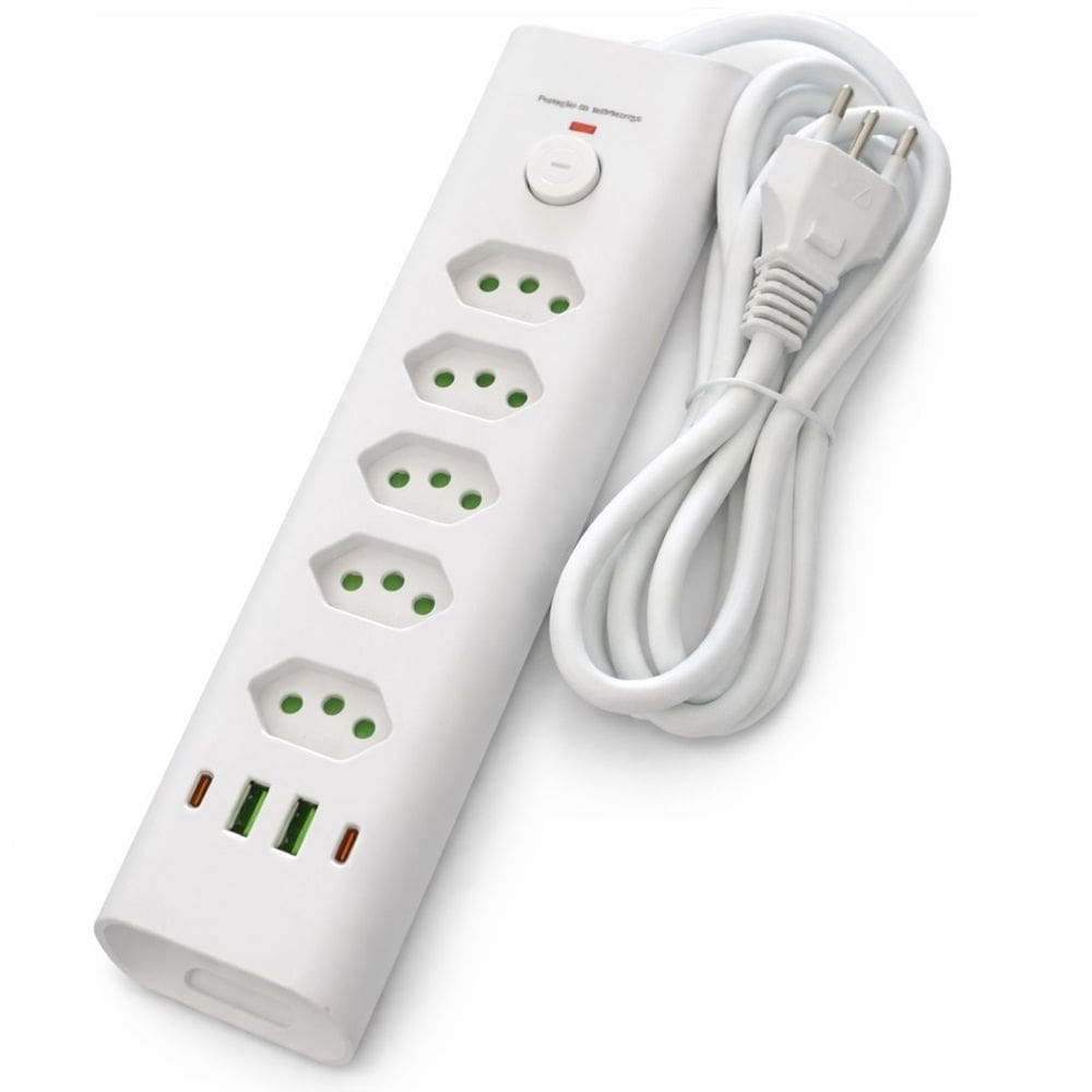 Filtro de Linha Com 5 Tomadas 10A 20A + DPS, Extensão Elétrica Bivolt Tripolar, Regua Com 4 USB, USB Tipo C Cabo 2M