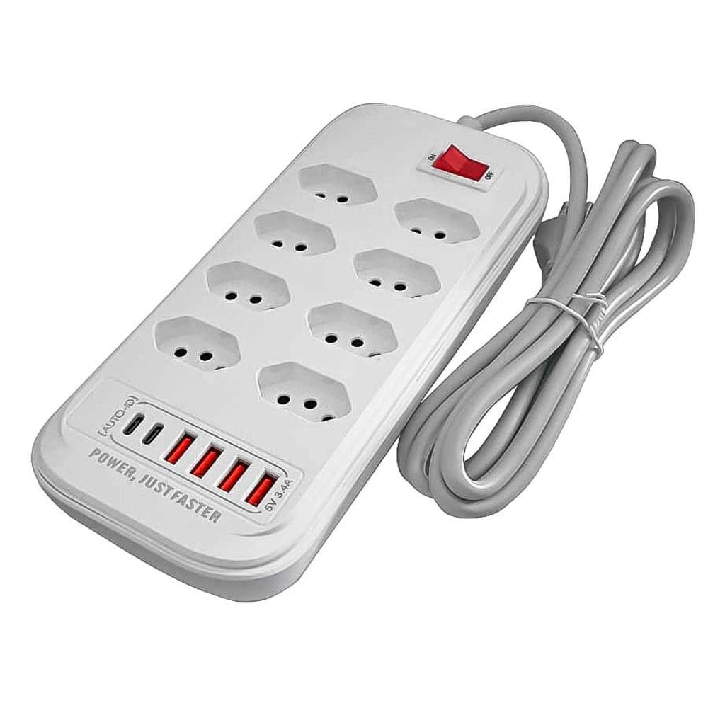 Filtro de Linha Regua de Energia 8 Tomadas Proteção Contra Surtos Elétricos(DPS) Com 4 USB 2 Tipo C Extensão Eletrica 2M