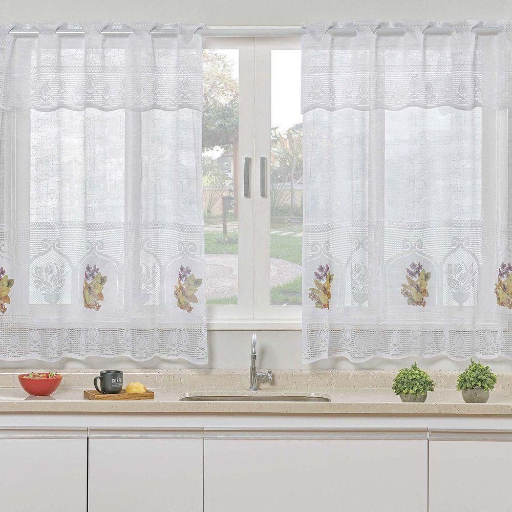 Cortina De Janela Flores Em Renda Com Bandô E Transfer 1,20m X 2,50m 100% Poliéster - Flores