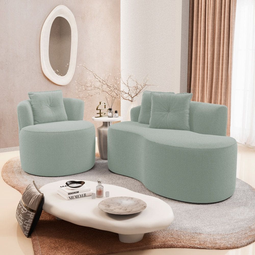 Kit Sofá e Poltrona Orgânica Living Bob com Almofadas Bouclê Verde Menta - Abmaza