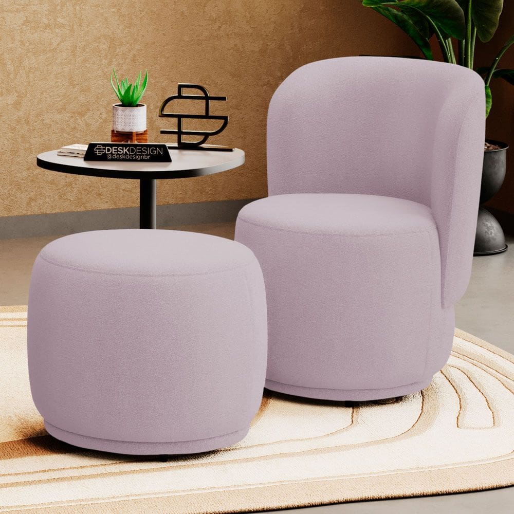Poltrona Decorativa com Puff Orgânico Molly Bouclê Rosé - Abmaza