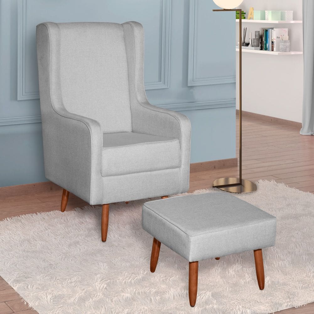 Poltrona de Amamentação e Descanso Renata com Pés Palito e Puff Linho Cinza - Abmaza