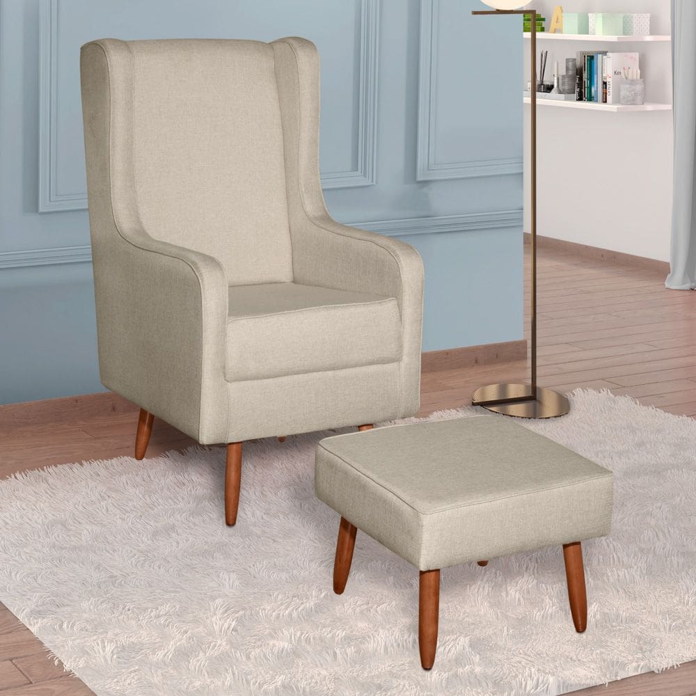 Poltrona de Amamentação e Descanso Renata com Pés Palito e Puff Linho Bege - Abmaza