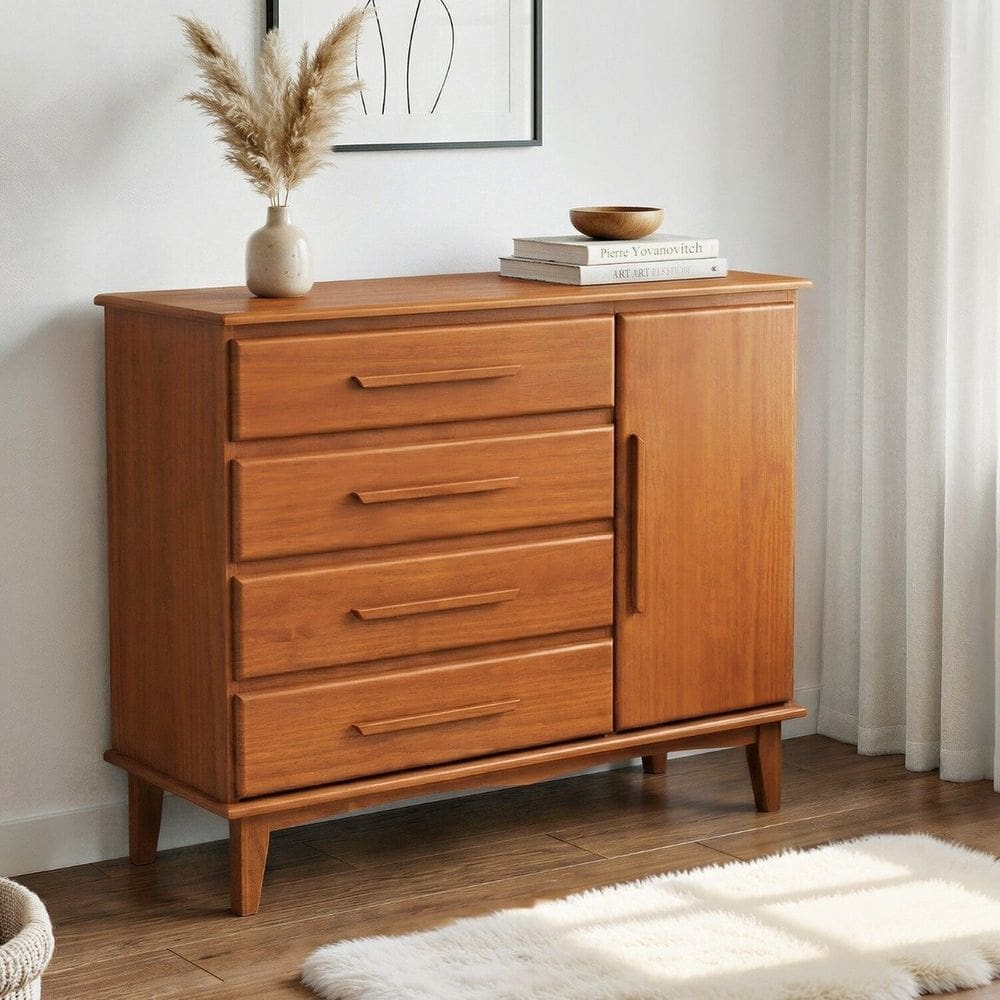 Cômoda 4 Gavetas e 1 Porta em Madeira Maciça de Pinus com Corrediças Telescópicas Castanho Claro