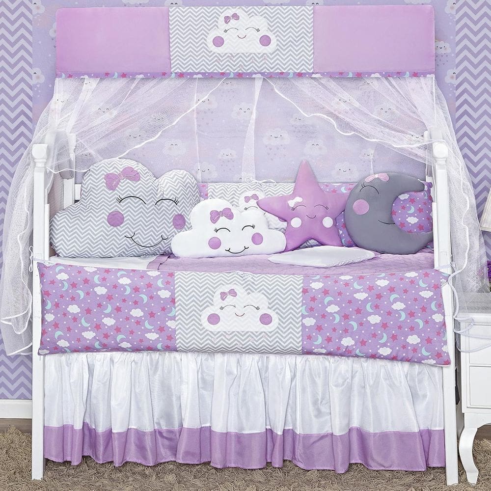 Jogo De Enxoval Para Berço Feminino 12P Formato Nuvem Lilás