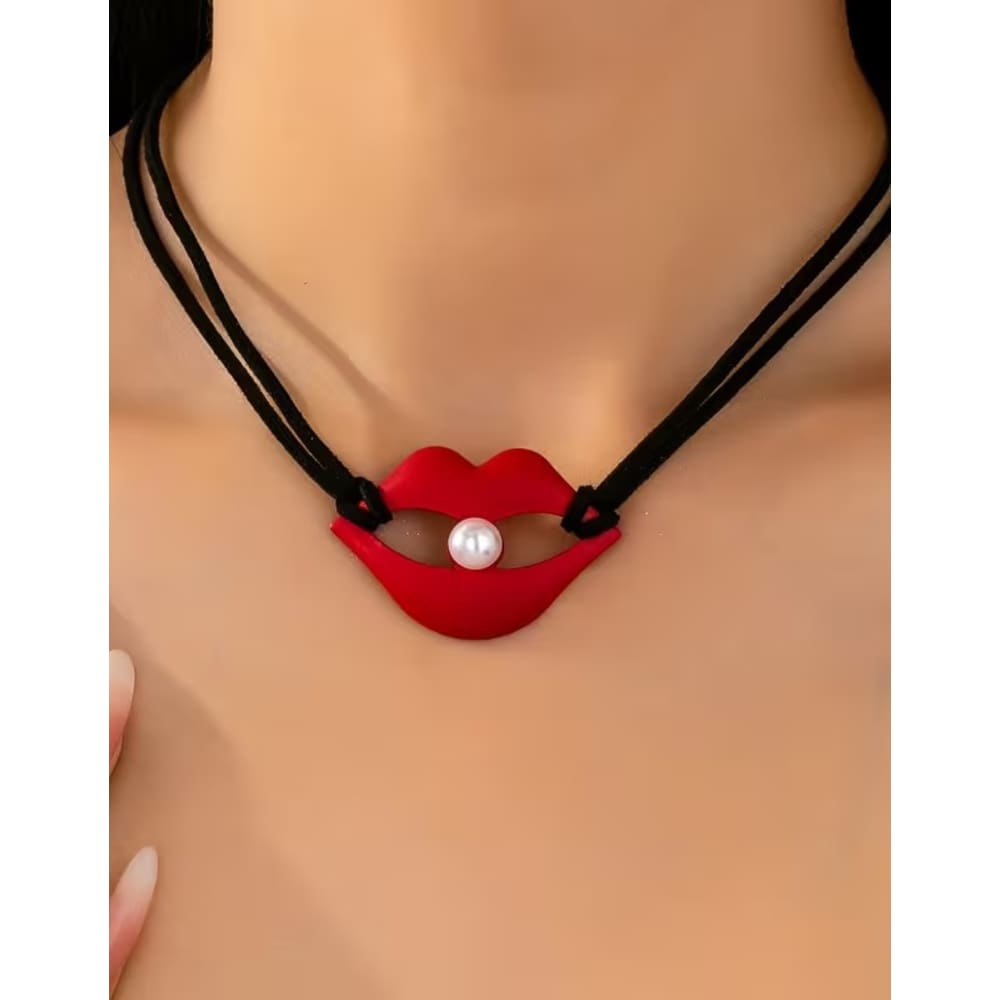 Colar Feminino Sensual Pingente Lábios Vermelhos e Pérola