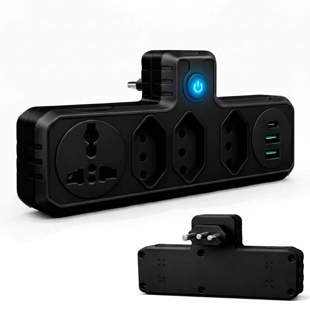 Filtro de Linha Benjamin Adaptador Universal 2 USB Rapido 1 Tipo C Com Tomada Internacional e 3 Tomada 3P Bivolt - Preto