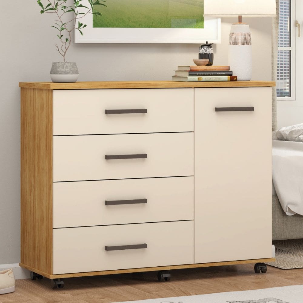 Cômoda Sapateira Flora 4 Gavetas e 1 Porta Cinamon Touch Off White Demóbile