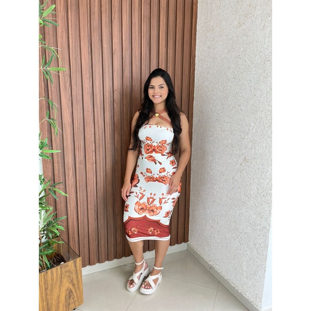 Vestido Estampado Detalhe Boho Com Bojo Midi Crisconf