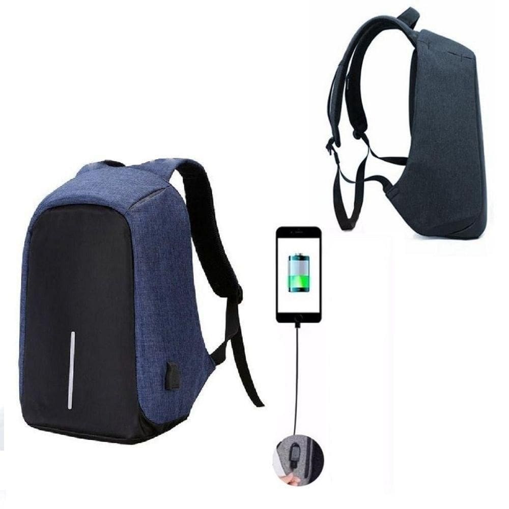 Mochila Anti Furto Roubo Com Cabo Usb Para Notebook Azul