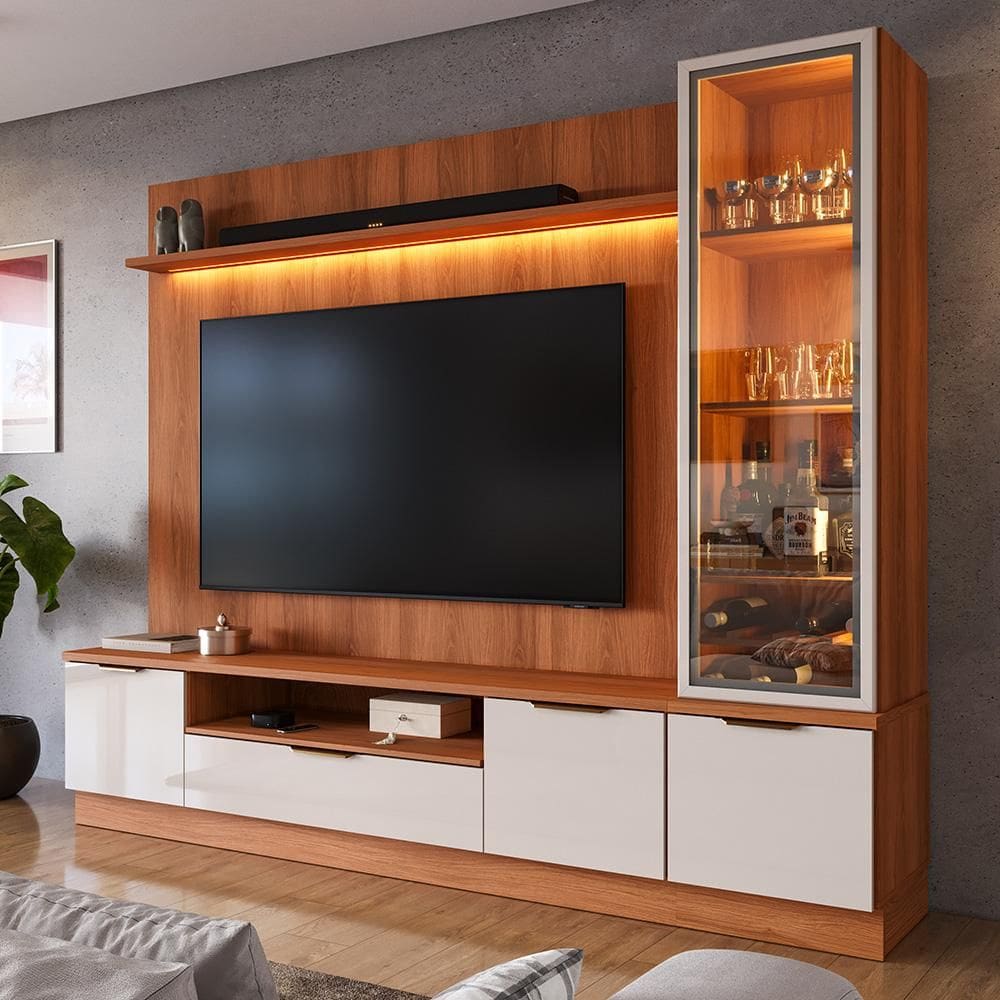 Estante Home Para TV Até 75” 225cm Noble Com Cristaleira LED Porta Reflecta Para Sala