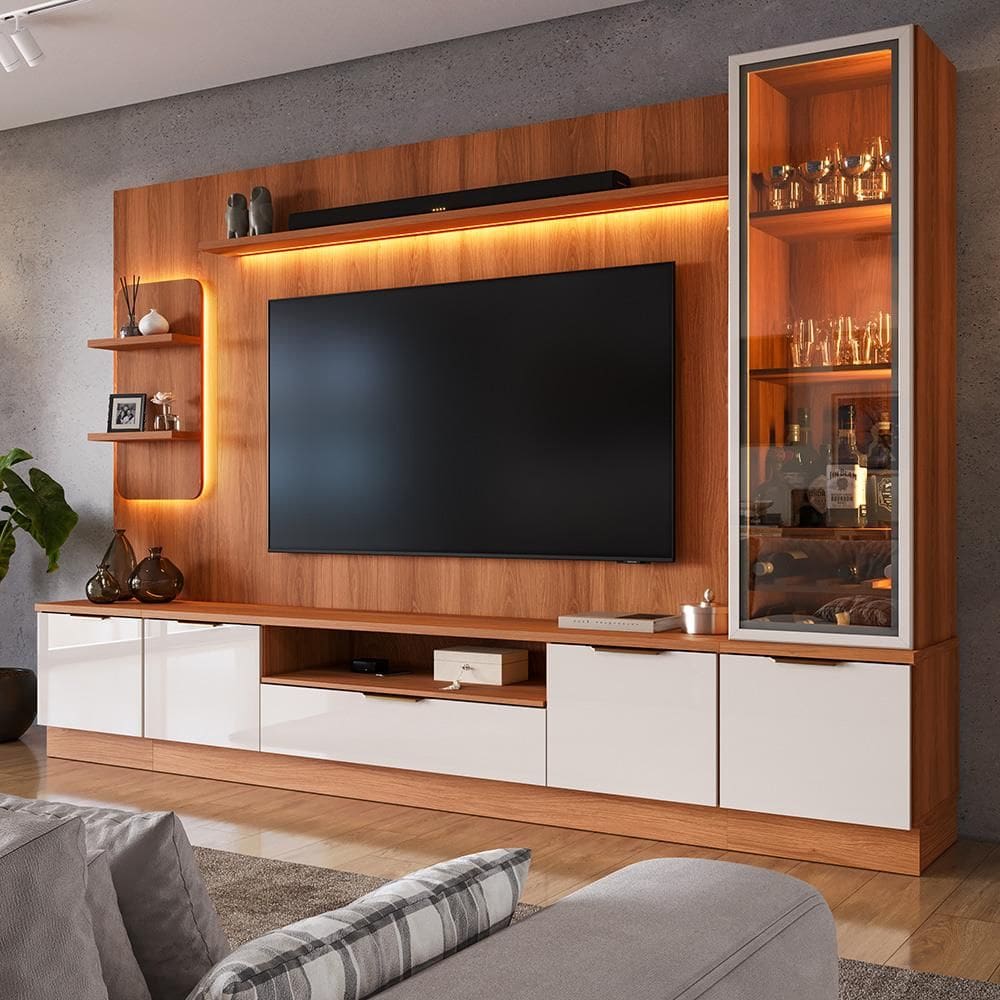 Estante Home Para TV Até 75” Noble 270cm com Cristaleira, Torre com LED e Portas Reflecta