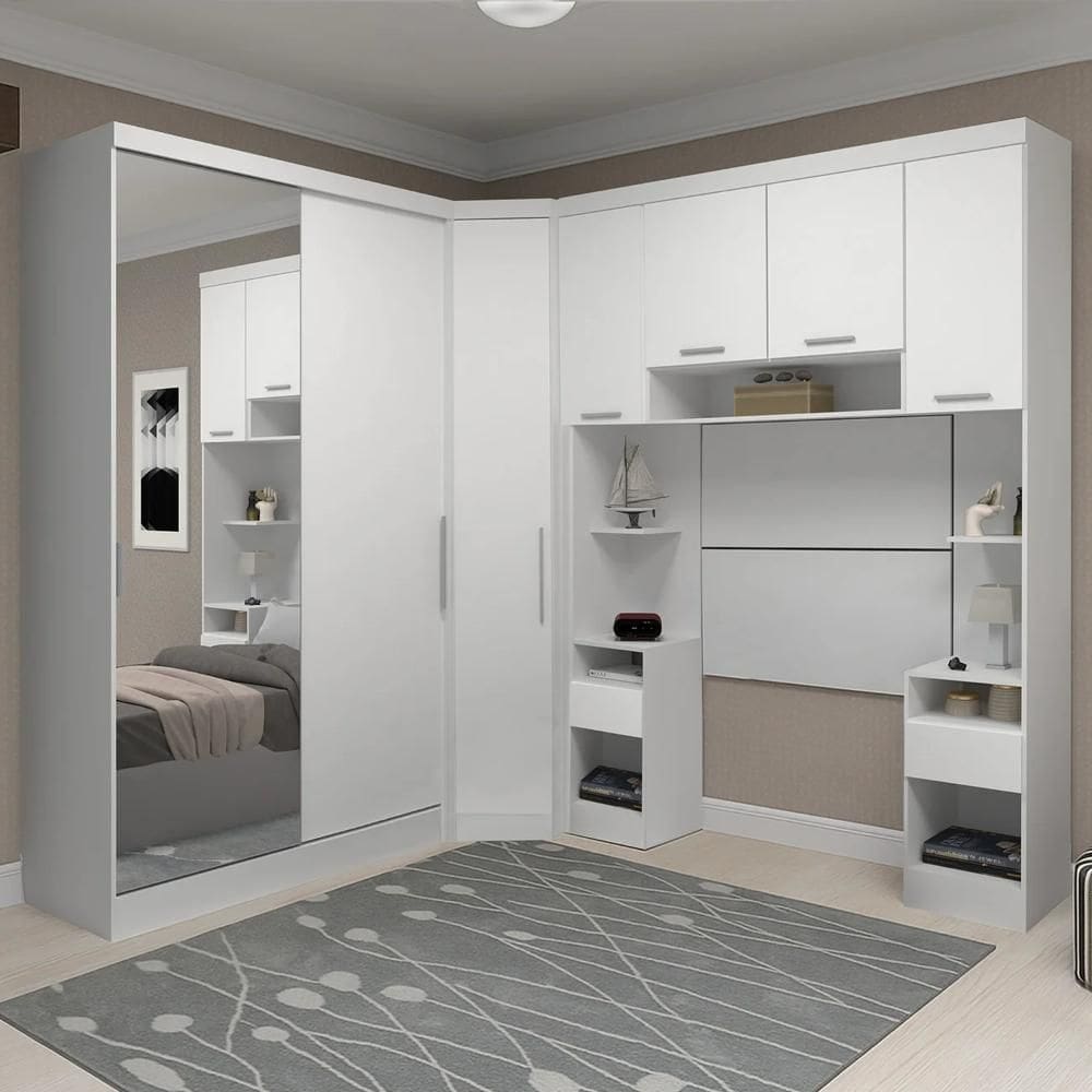Guarda Roupa Solteiro Modulado Espelho Cp06 Taiga Branco L01 - Mpozenato