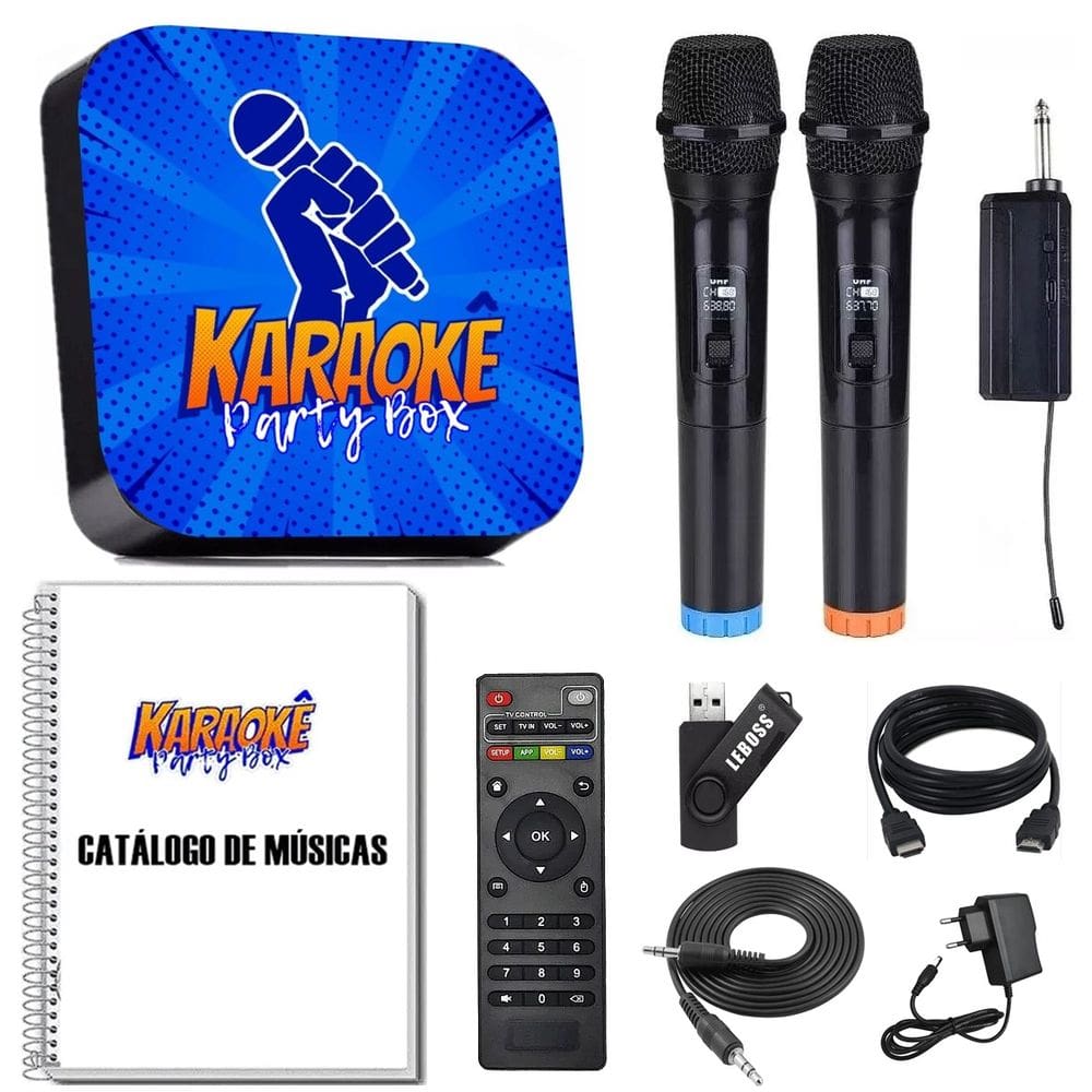 Karaoke Party Box Azul +2 Mic Sem Fio +de 2000 Músicas +Catalogo Impresso (Com Pontuação)