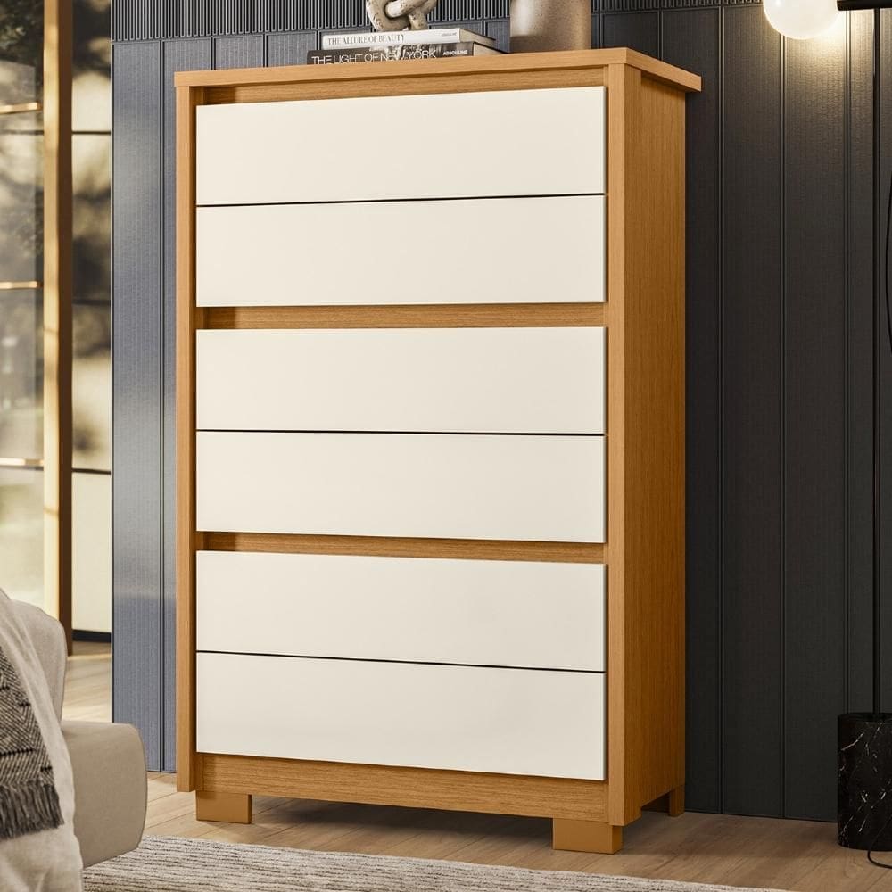 Cômoda Quarto 79cm 6 Gavetas Ayron Cinamomo/Off A02 - Mpozenato