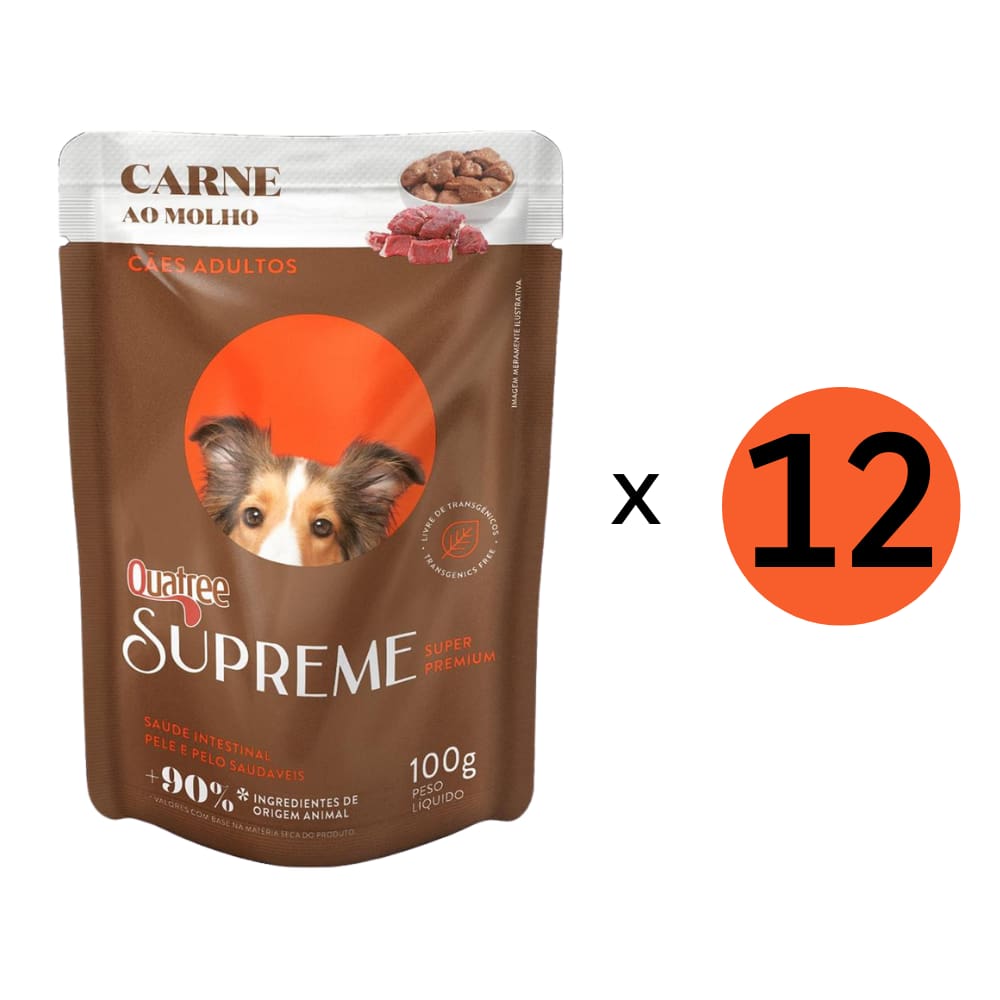 Kit 12 Unidades Ração Úmida Quatree Cães Supreme Adulto Carne Sachê 100Gr