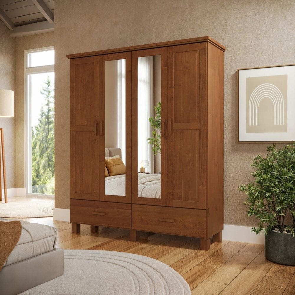 Guarda-roupa 4 Portas 2 Gavetas com Espelho 100% Madeira Maciça Bronze Castanho