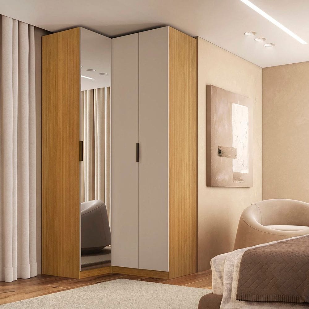 Módulo de Canto Reto 3 Portas 1 Espelho 100% Mdf Altezza Clean Freijó/Off White