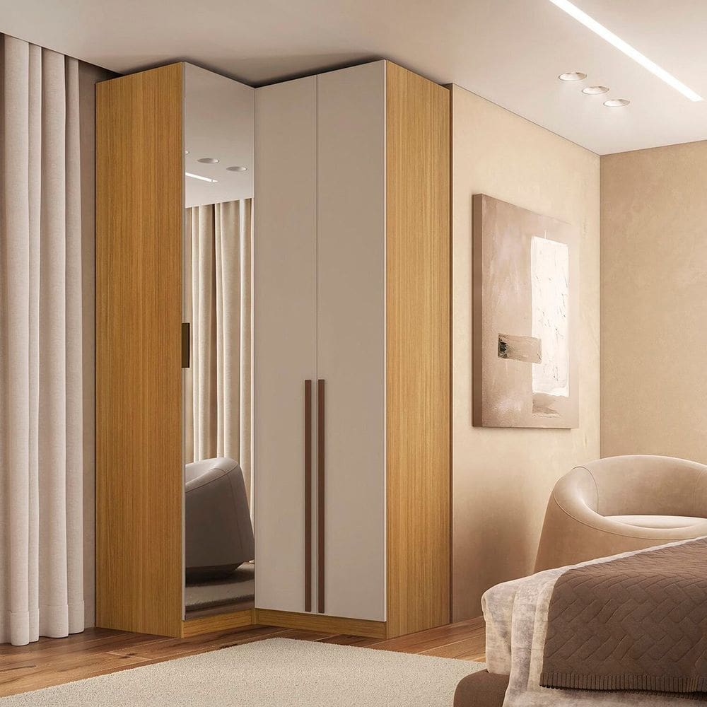 Módulo de Canto Reto 3 Portas 1 Espelho 100% Mdf Altezza Trend Freijó/Off White