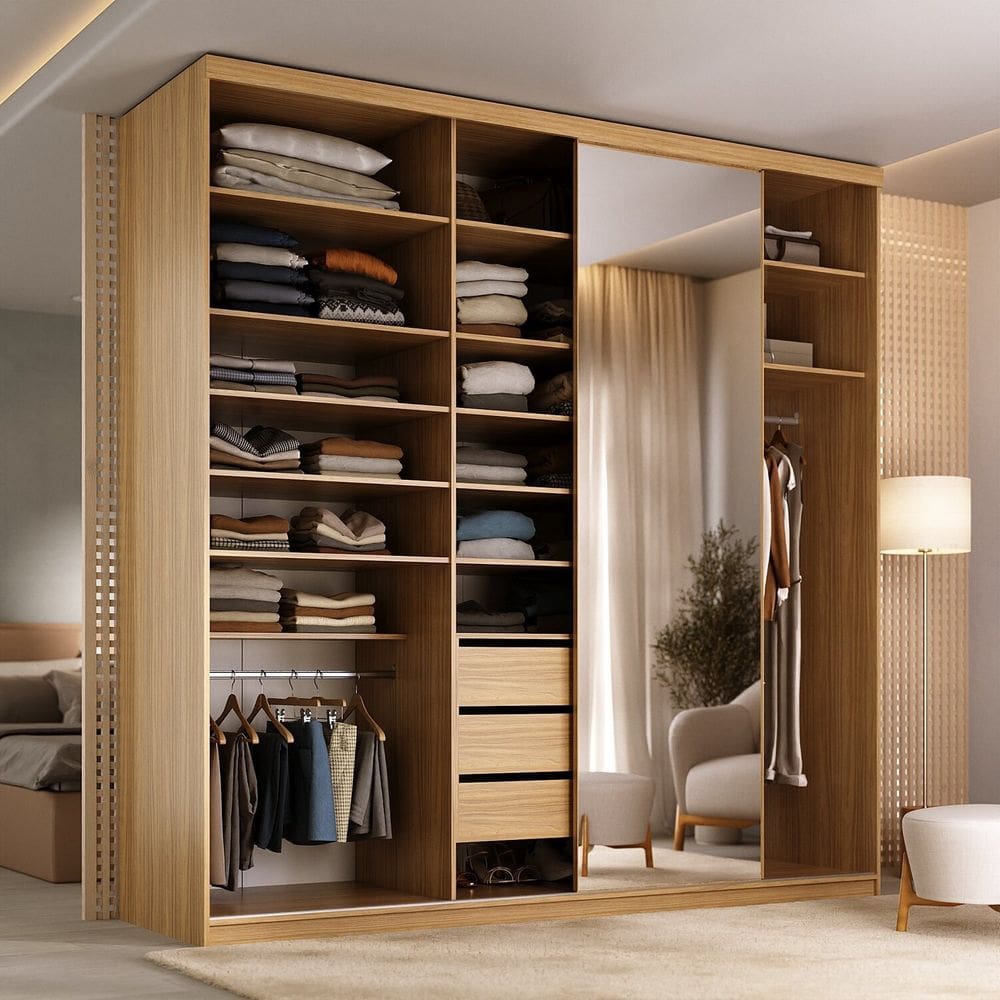 Guarda-roupas Casal 100% Mdf 208,5cm com 1 Porta Espelho 3 Gavetas Closet Essen Nogueira