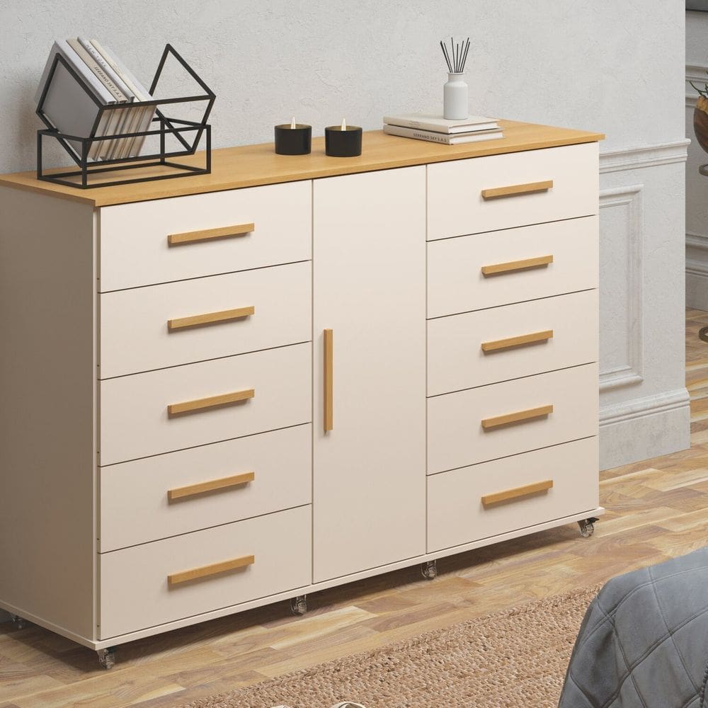 Cômoda Sapateira 1 Porta 10 Gavetas com Rodízio Monterrey Yescasa Off White/Tauari Ambar
