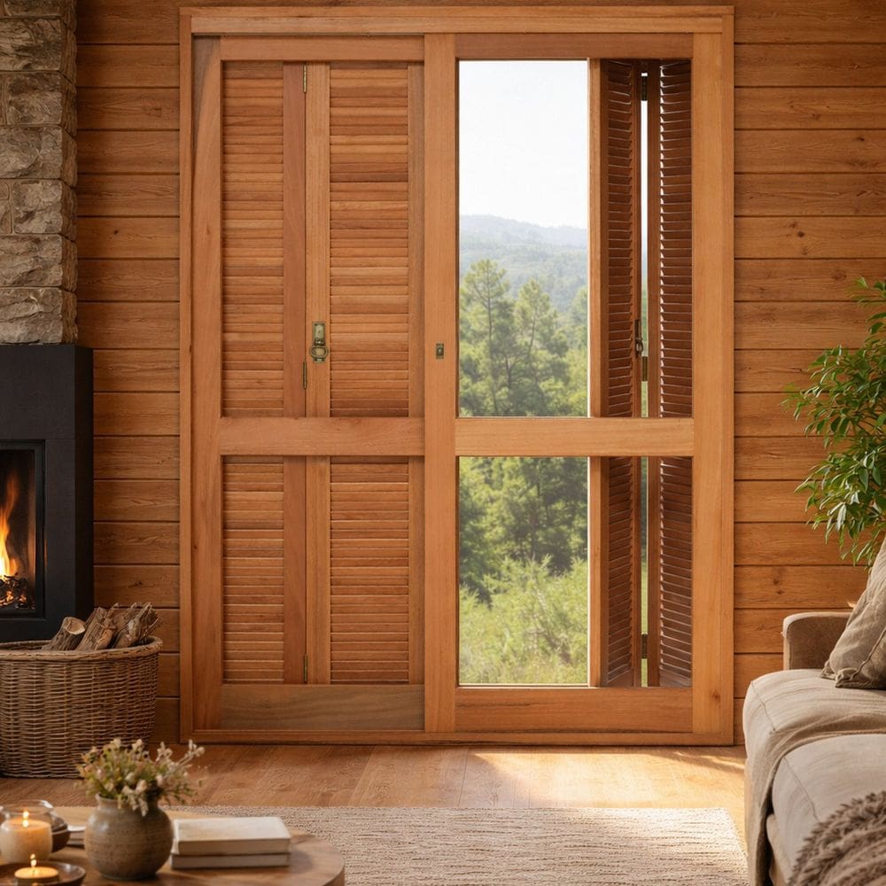 Porta Janela Eucalipto Premium com Veneziana Pant e Caixilho Correr 140x213 Natural