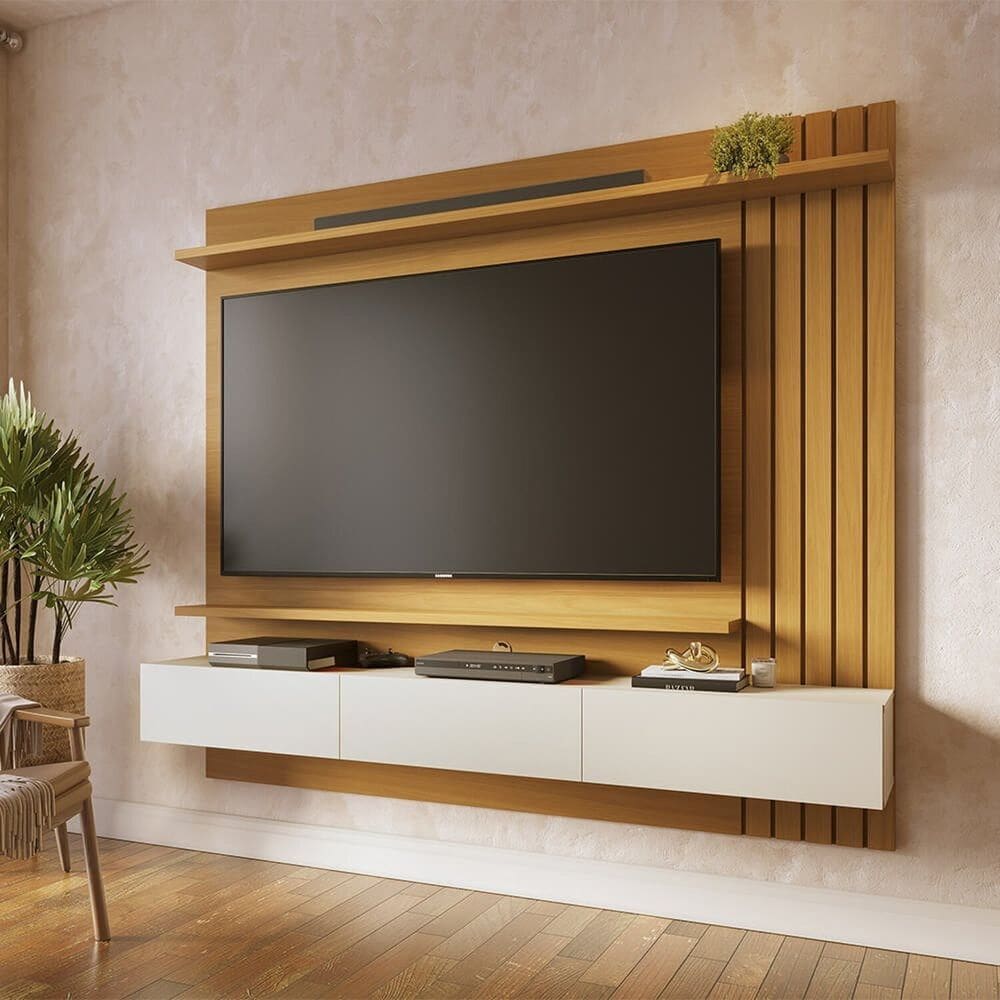 Painel para Tv 70 Polegadas 3 Portas Basculantes 2 Prateleiras Juriti Naturale/Off White Matte