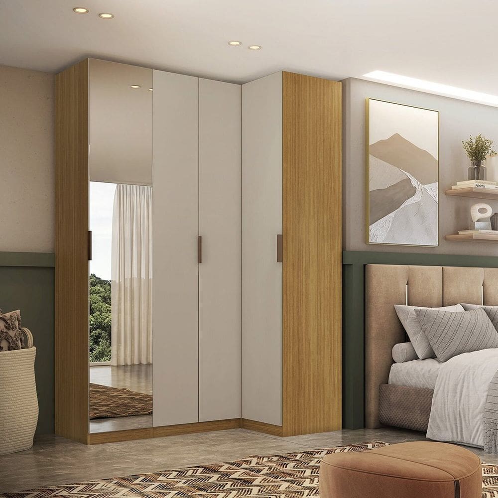 Módulo de Canto Reto 4 Portas Espelho 100% Mdf Altezza Clean Freijó/Off White