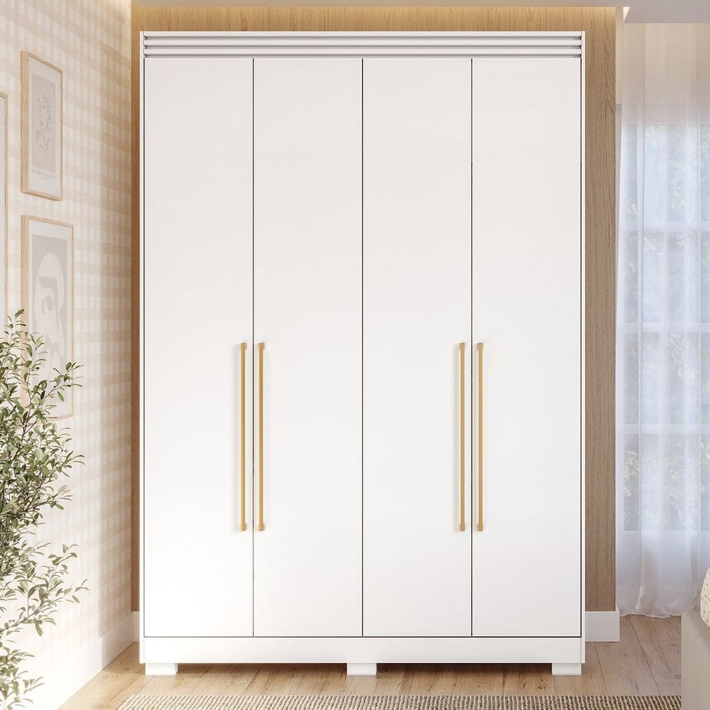 Guarda-roupa Solteiro 4 Portas com Pés 159cm 100% Mdf Lumiar Espresso Móveis Branco