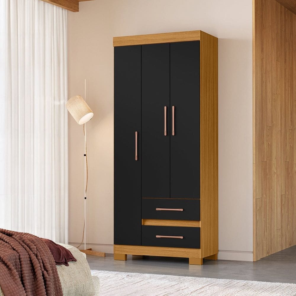 Guarda-roupa Solteiro 3 Portas 2 Gavetas Saint Carvalho Americano/Preto