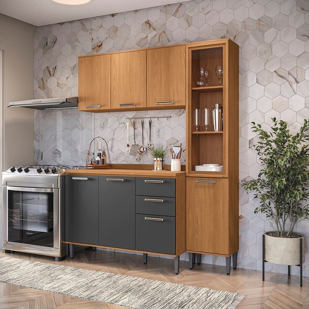 Cozinha Compacta 3 Peças com Cristaleira Linna Canela/Grafite