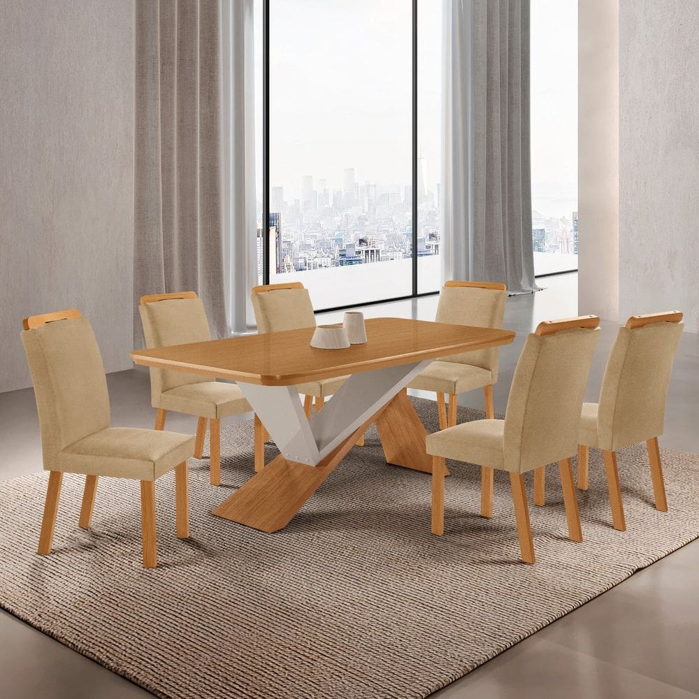 Conjunto Sala de Jantar Mesa Texas Tampo 180cm Canto Copo de Mdf e 6 Cad Athenas Creme / Naturalle / Off White