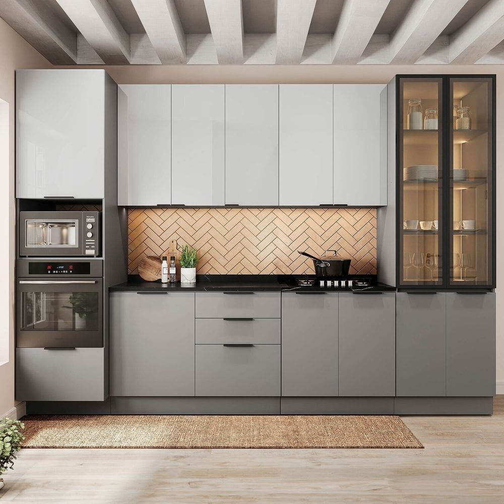 Cozinha Telasul Lumina 6 Peças com Paneleiro para Forno e Micro com Vidro Fumê e Iluminação Cinza