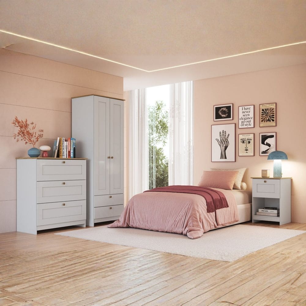 Quarto Americano Completo Infantil com Guarda-Roupa 2 Portas, Cômoda 3 Gavetas e Mesa de Cabeceira Branco Gelo