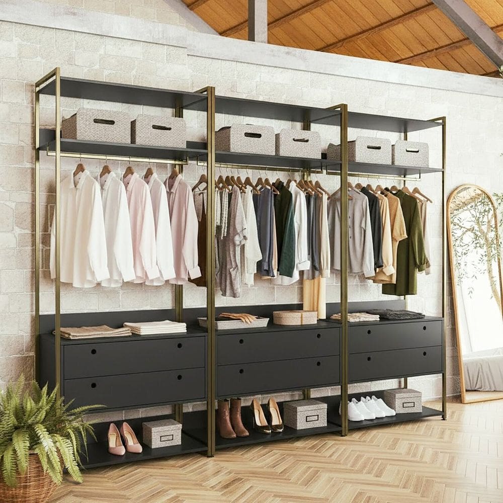 Guarda-roupa Closet Modulado Casal Estrutura Metálica 6 Gavetas 3 Cabideiros 200cm Industrial Preto/Dourado