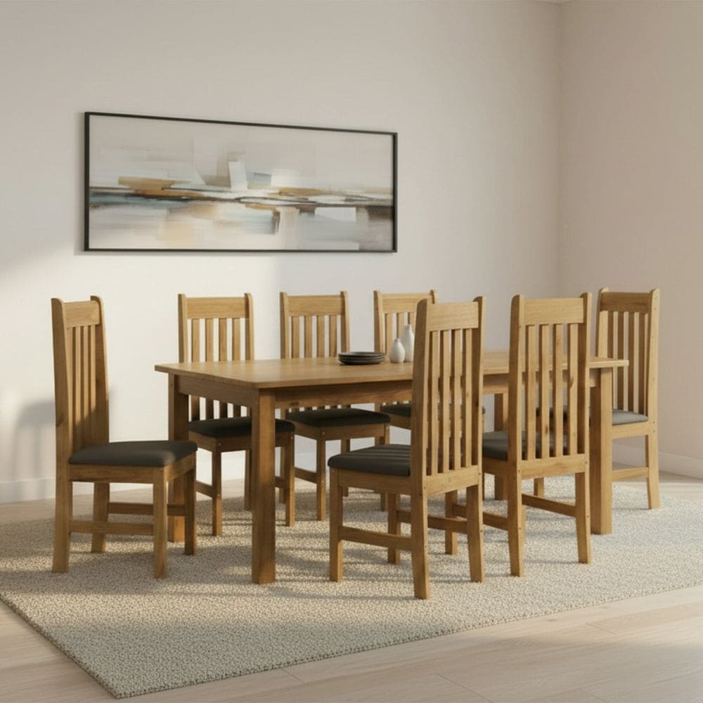 Conjunto Sala de Jantar Mesa 180cm e 8 Cadeiras Estofadas 100% Madeira Maciça Essen Espresso Móveis Nogueira/Veluplus Cinza