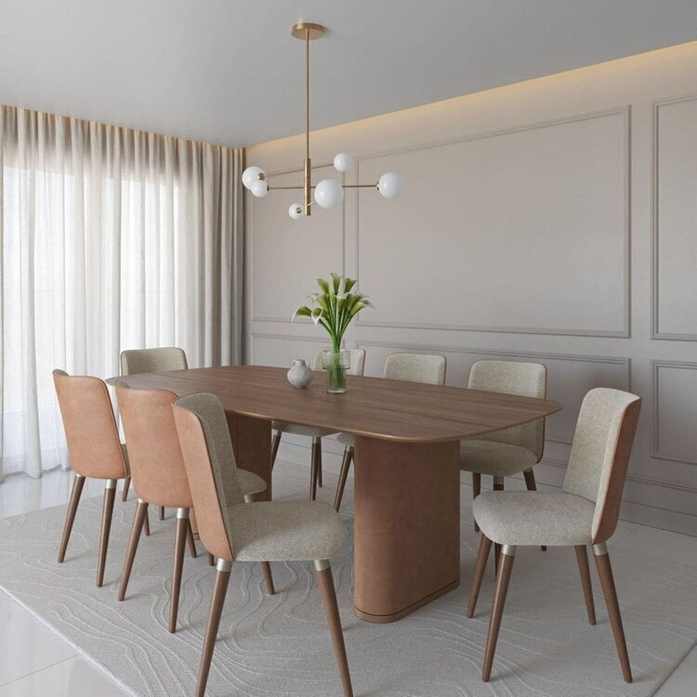 Conjunto Sala de Jantar Lintz Retangular com 8 Cadeiras Giratórias com Pés em Madeira Maciça Dakota Off-White com Caramelo