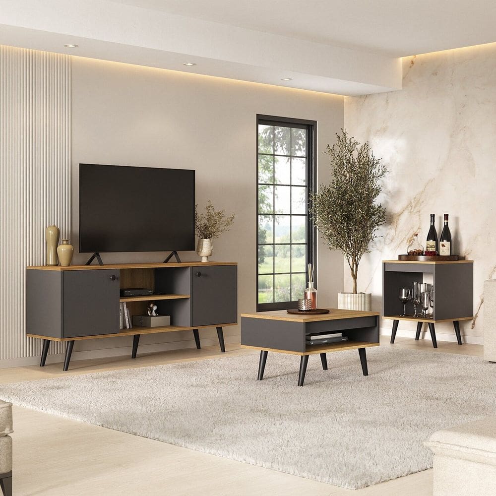 Conjunto Sala de Estar 3 Peças – Rack para Tv, Mesa de Centro e Mesa de Apoio Tóquio Grafite/Freijo