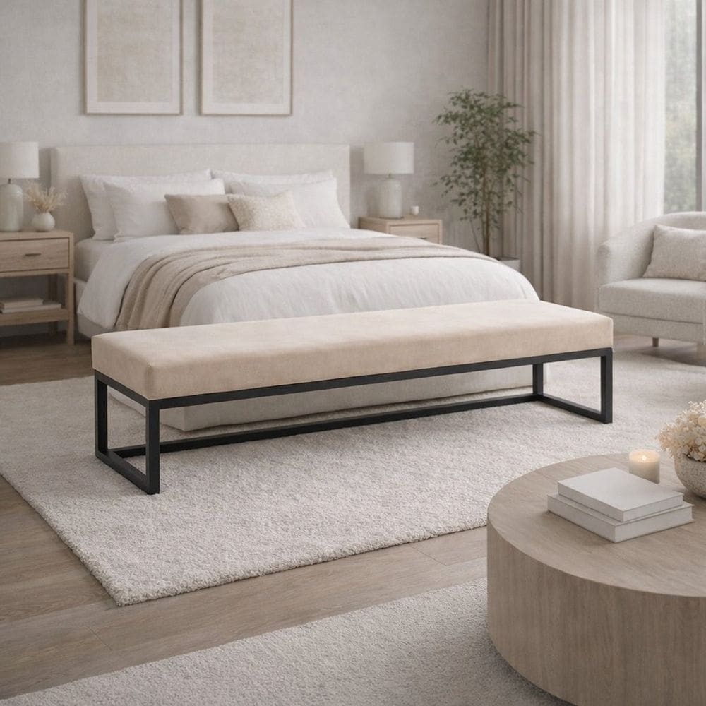 Puff para Quarto 100x40cm Veludo Ted Bege/ Preto