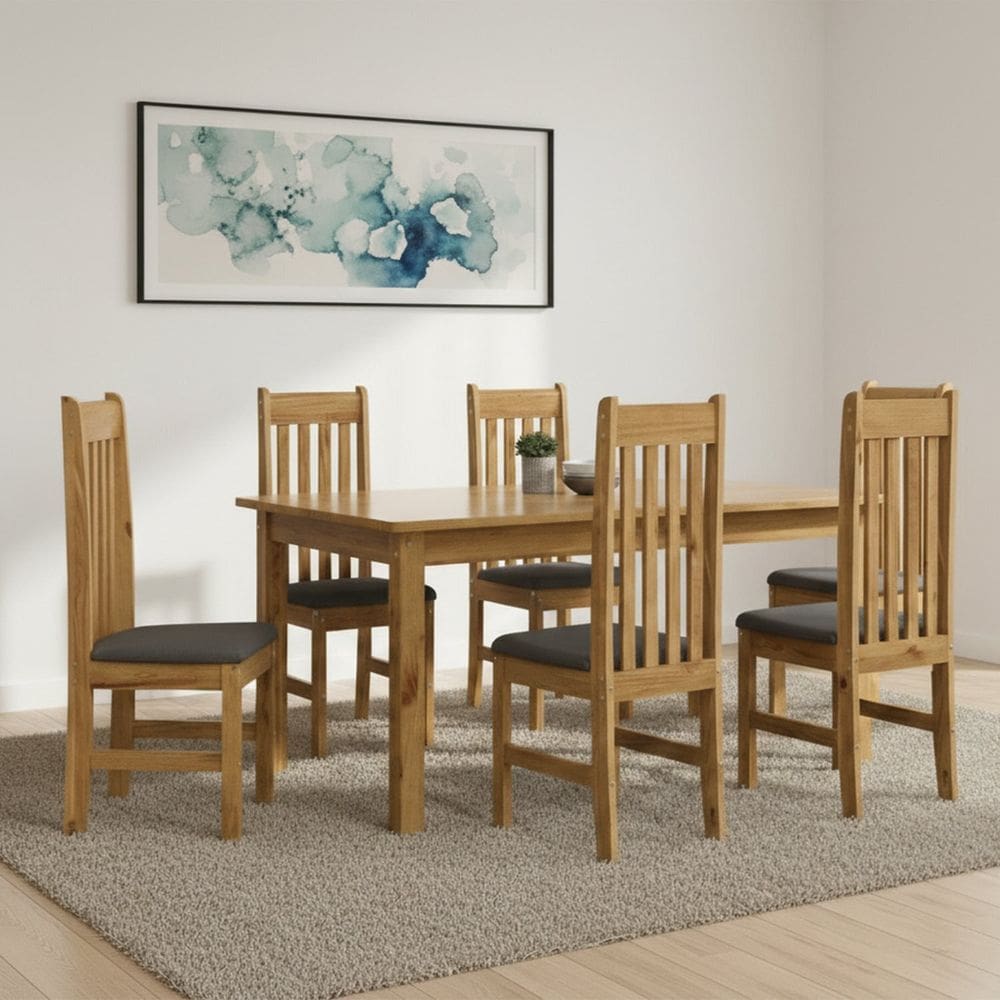 Conjunto Sala de Jantar Mesa 160cm e 6 Cadeiras Estofadas 100% Madeira Maciça Essen Espresso Móveis Nogueira/Veluplus Cinza