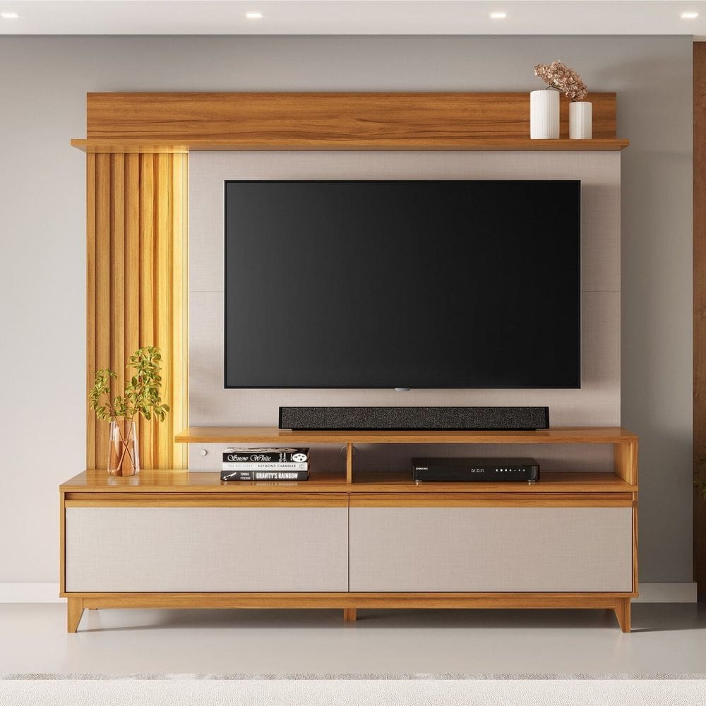 Estante para Tv 60 Polegadas 2 Portas Basculantes Detalhe Ripado Pés Madeira e Fita Led Freijó Trend/Off White TX