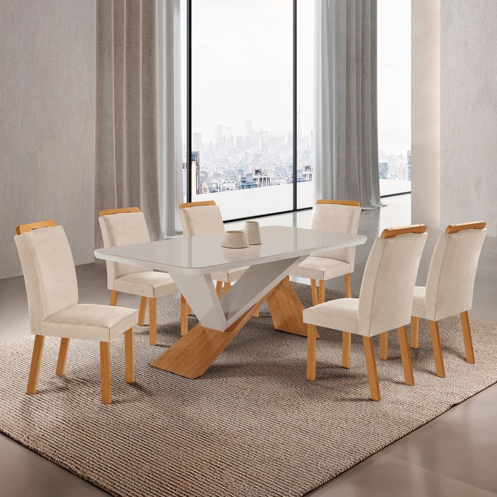 Conjunto Sala de Jantar Mesa Texas Tampo 180cm Canto Copo de Mdf/vidro e 6 Cad Athenas Creme/ Naturalle / Off White/ Serig. OFF