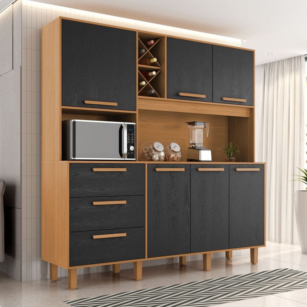 Kit Max Armário para Cozinha 6 Portas 3 Gavetas 1,81 M Cinamomo / Preto Catedral
