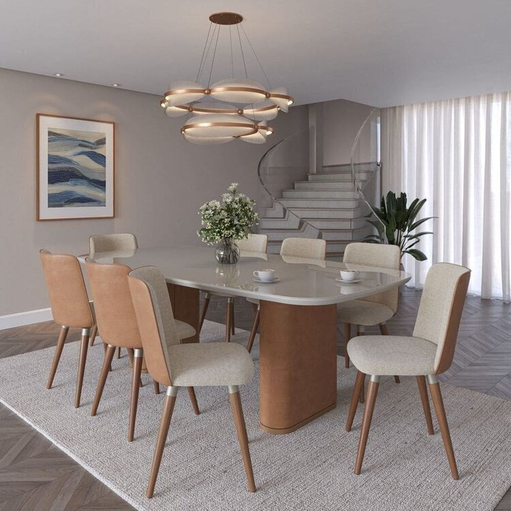 Conjunto Sala de Jantar Lintz Retangular com 8 Cadeiras Giratórias com Pés em Madeira Maciça Dakota Off-White com Caramelo