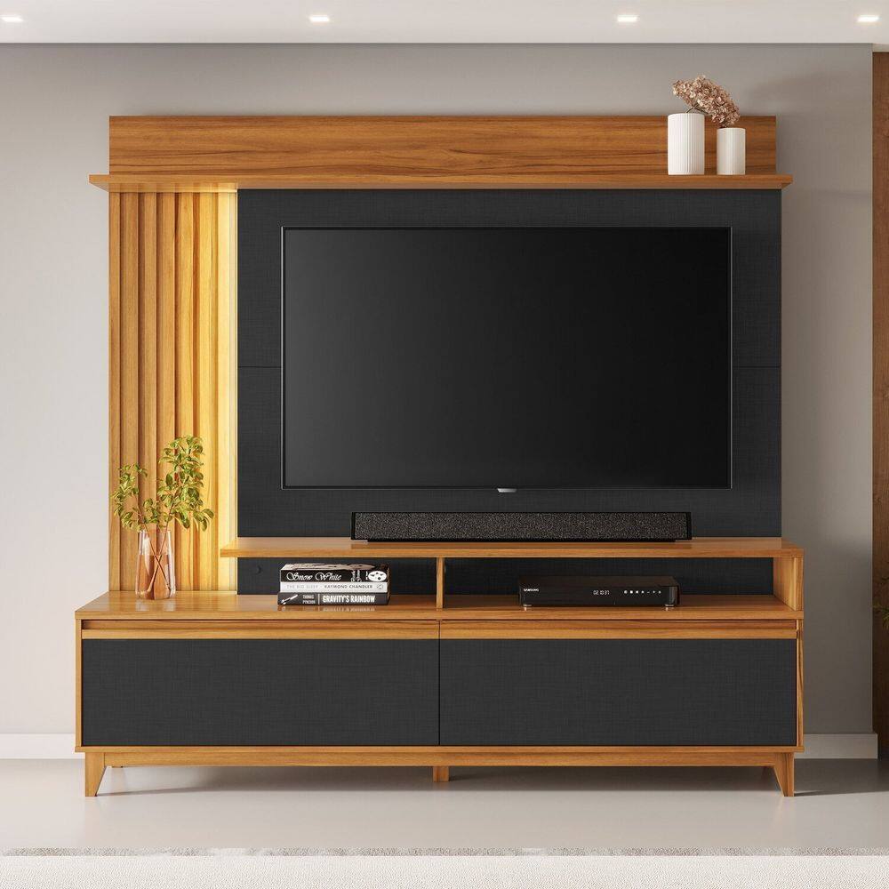 Estante para Tv 60 Polegadas 2 Portas Basculantes Detalhe Ripado Pés Madeira e Fita Led Freijó/Preto