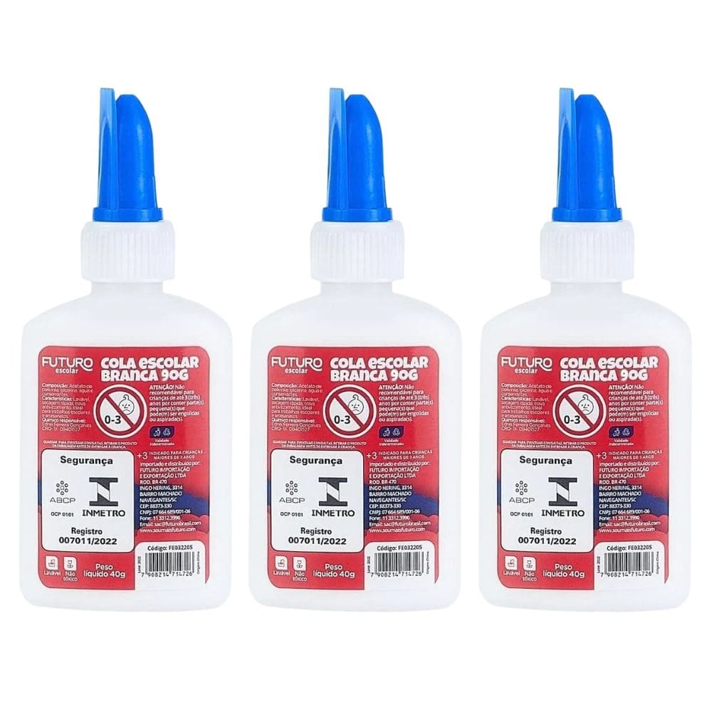 Kit 03 Cola Branca Escolar 40gramas Futuro - Colas Branca Liquida 40g - PANAMI